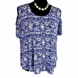 Avenue Cold Shoulder Top 14/16 Blue White Geometric Medallion Short Sleeve